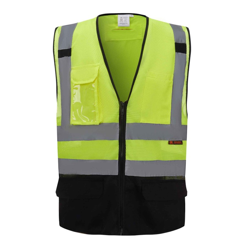 SV4300   Safety Vest ANSI/ISEA with 9 Pockets,Black-Bottom Neon Green/ Black