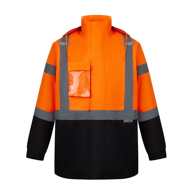 SAJ7210  ANSI Class 3 Water Resistant Safety Orange Parka Jacket w/ Black Bottom and Detachable Hood