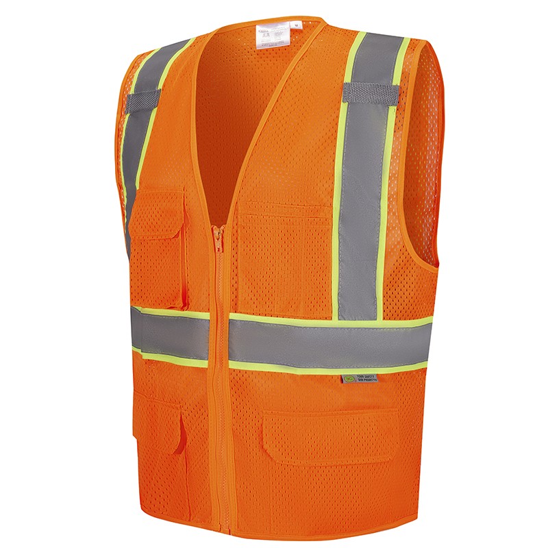 SV2600   ANSI/ISEA 107-2015 Safety Vest Class 2 Compliant Neon Orange With Green Contrast