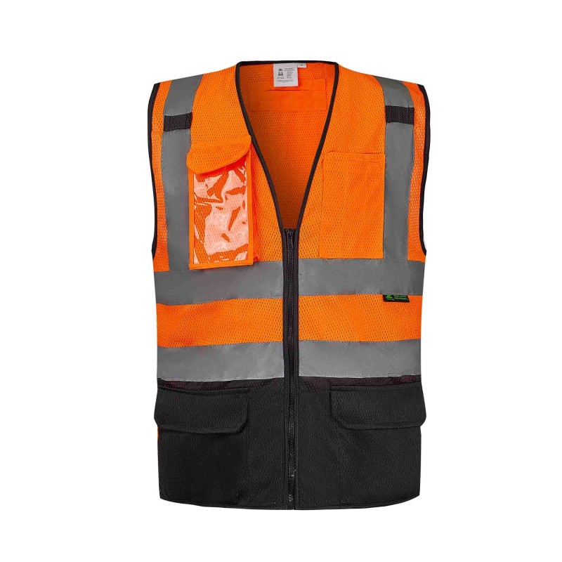 SV4400   Safety Vest ANSI/ISEA with 9 Pockets,Black-Bottom Neon Orange / Black