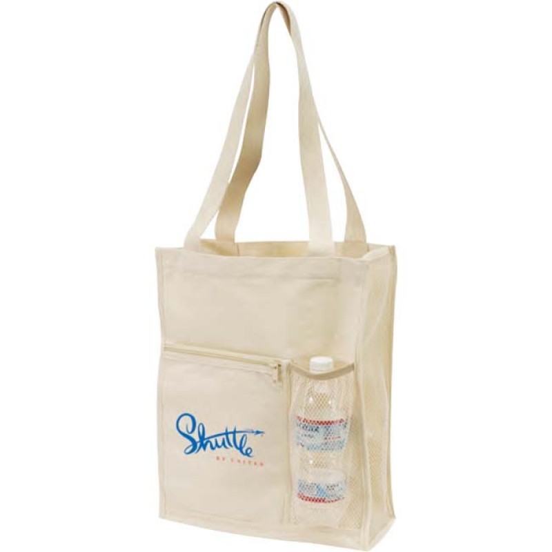 TB117   Canvas mesh tote bag with bottle holder