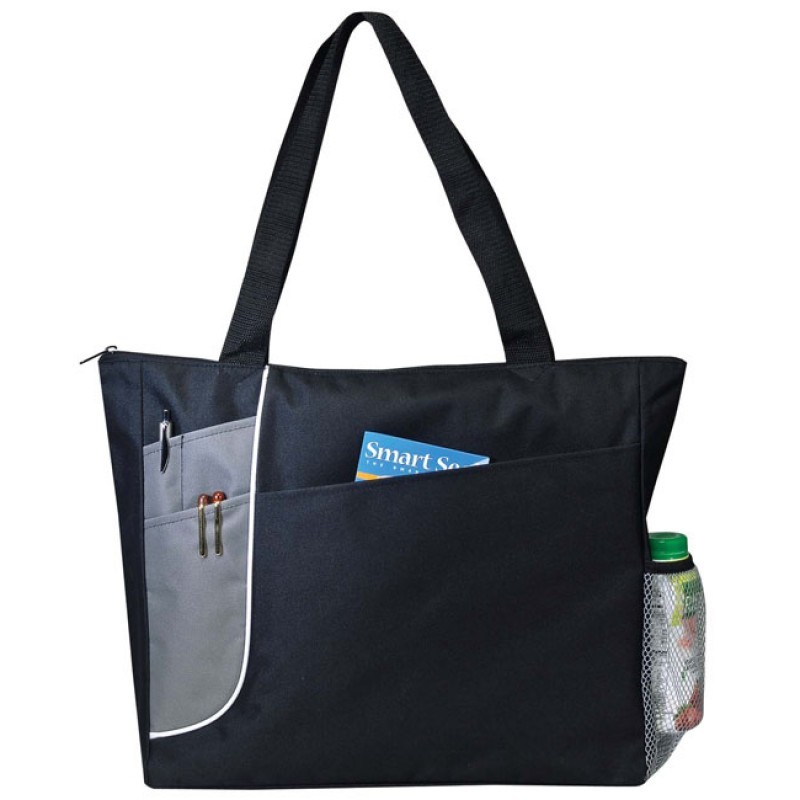 TB208   Poly Zippered Tote Bag with Front Pocket and Mesh Side Pocket and Grey Accent