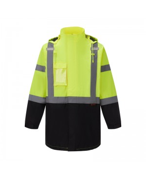 SAJ7110  ANSI Class 3 Water Resistant Safety Green Parka Jacket w/ Black Bottom and Detachable Hood