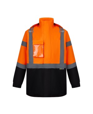 SAJ7210  ANSI Class 3 Water Resistant Safety Orange Parka Jacket w/ Black Bottom and Detachable Hood