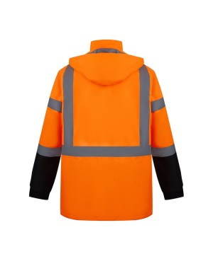 SAJ7210  ANSI Class 3 Water Resistant Safety Orange Parka Jacket w/ Black Bottom and Detachable Hood