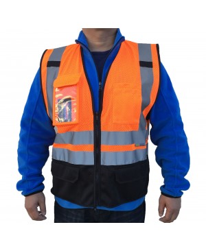 SV4400   Safety Vest ANSI/ISEA with 9 Pockets,Black-Bottom Neon Orange / Black