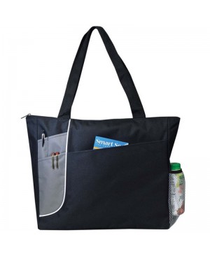 TB208   Poly Zippered Tote Bag with Front Pocket and Mesh Side Pocket and Grey Accent